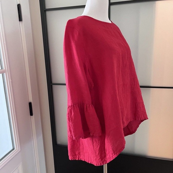 bryn Walker L Red 100% Linen Top Blouse Bell Sleeve Woven Lagenlook Minimalist - Picture 3 of 9